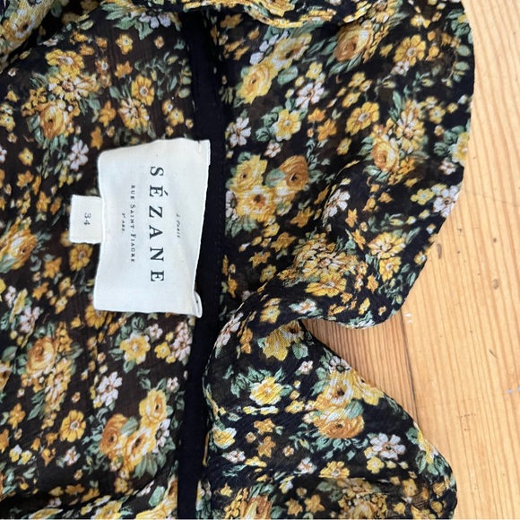 Sézane Irena Black Yellow Floral Ruffle Short Sleeve Blouse FR 34 - Picture 3 of 7